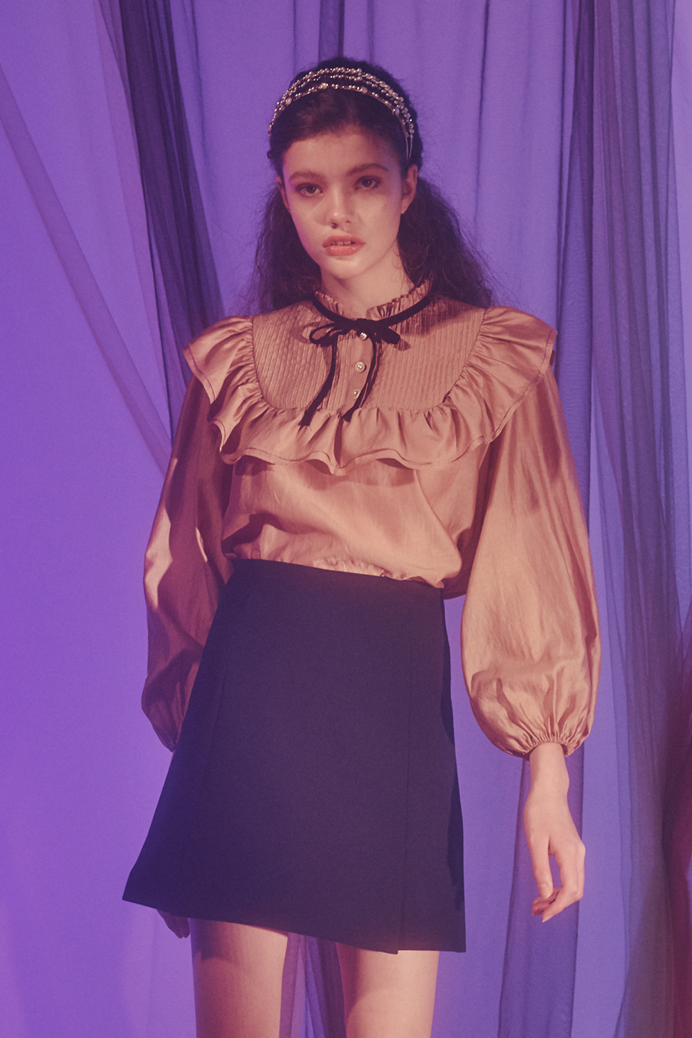 Silky frill blouse_Brown
